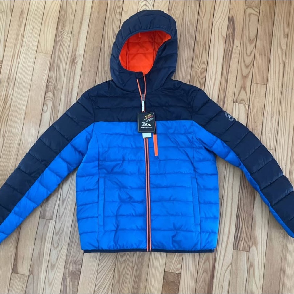 ZeroXposur Blue and Orange Puffer Jacket with Insulated Quilting